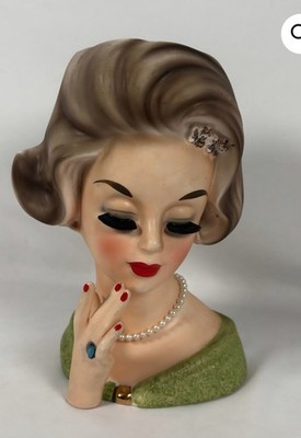 Rare 1950s Vintage Trimont Head Vase 6- 1/2''  Pearl Necklace Turquoise Ring Foil