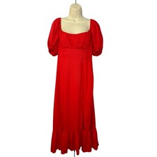 Blu Pepper Red Linen Blend Puff Sleeve Midi Dress Women's L New 