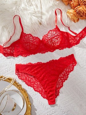 2 Piece Valentines Day Ladies Sexy Lingerie Set Red Lace Bras with Cheap24