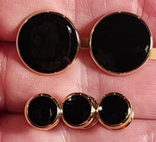 Mens TUXEDO Button Cuff Link Set Gold Tone  Black Face 3-Button. 2- Cuff Links