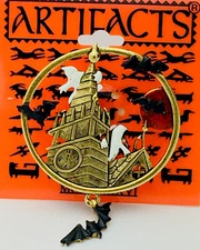 Signed JJ Jonette Vintage Halloween Haunted House Pin Brooch Bats Ghosts