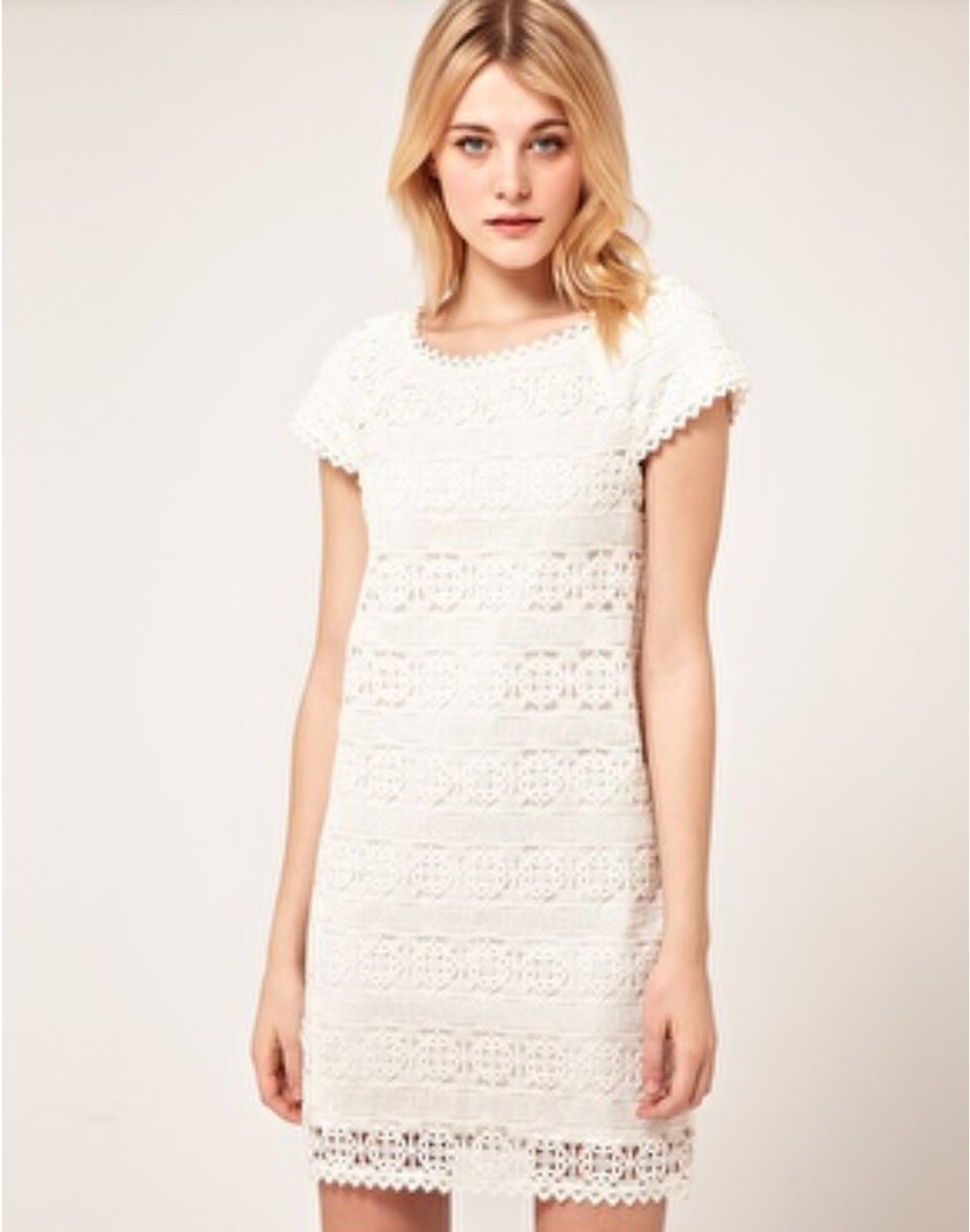 French Connection White Crochet Lace Lined Shift Dress Size 2
