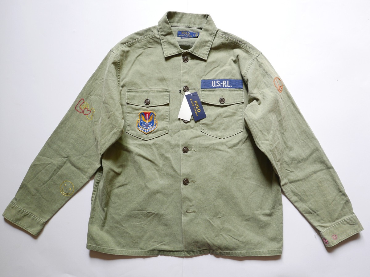 Polo Ralph Lauren Jacket Overshirt Military Peace Love Patches Embroidered  NWT L