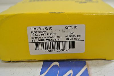 Box of 10 NEW FRS-R-1-6/10 Cooper Bussmann Fusetron 600 volt 1-6/10 amp Fuses
