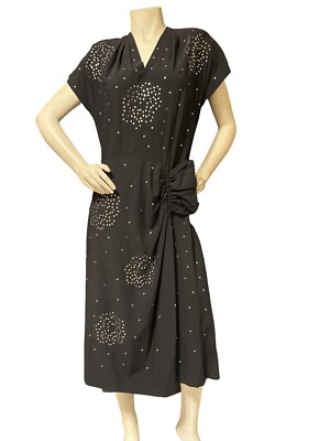 1940s Vintage Art Deco Dress BLK MIDI Embroidered Silver Sequin Appliqu M/L | eBay 1940s Vintage Art Deco Dress BLK MIDI Embroidered Silver Sequin Appliqu M/L | eBay