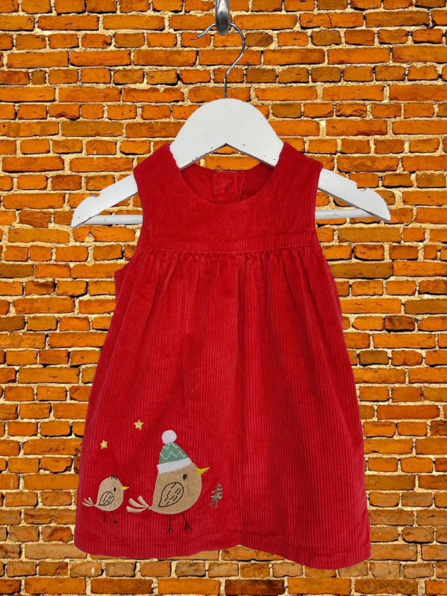 GIRLS M&S AGE 6-9 MONTHS RED CORDUROY SLEEVELESS DRESS FESTIVE