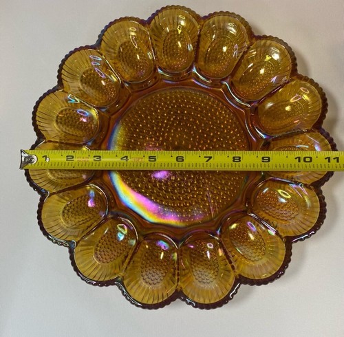60’s Indiana Carnival Glass Deviled Egg Dish Plate Iridescent Amber Hobnail GLOW - Picture 4 of 6