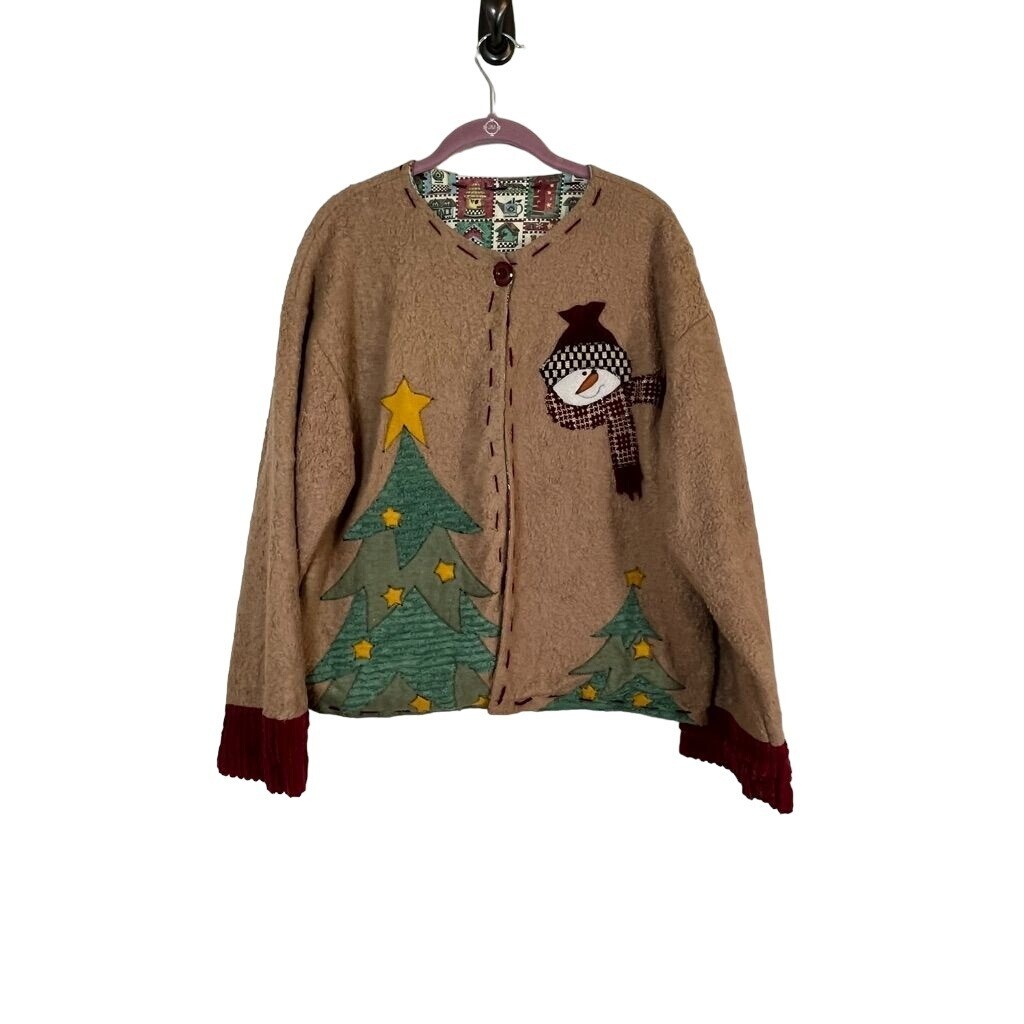 Jacket Women L Brown Kirklands Fleece Snowman Festive Christmas Retro Vintage