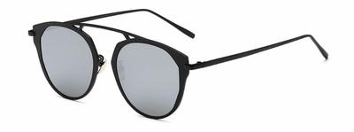 86046 C2 ROUND CAT FASHION SUNGLASSES METAL BLACK FRAME MIRRORED LENS