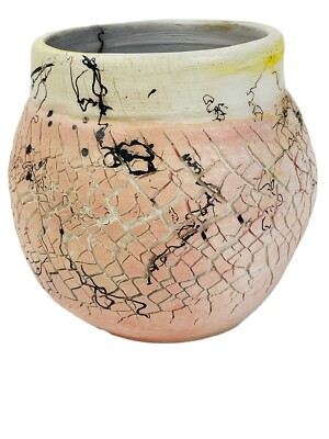 Pink Raku Crackle Horse Hair Glaze Studio  Pottery Clay Pot Vase Signed Orti