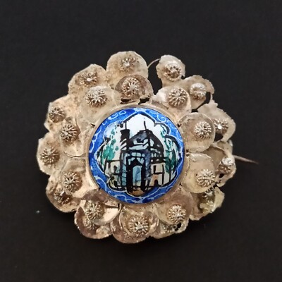 Vintage Persian Enamel Brooch Middle Eastern Hand Painted Architecture Blue Old