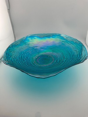 PartyLite Blue Iridescent Glass Ripple Dish Candleholder Bowl