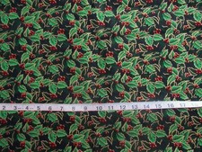 1 yd Cotton Fabric Green Ivy Dark Red Berries Accented in Metallic Gold