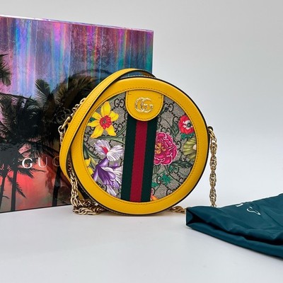 AUTH Gucci Ophidia GG Flora Round Mini Crossbody Bag Yellow