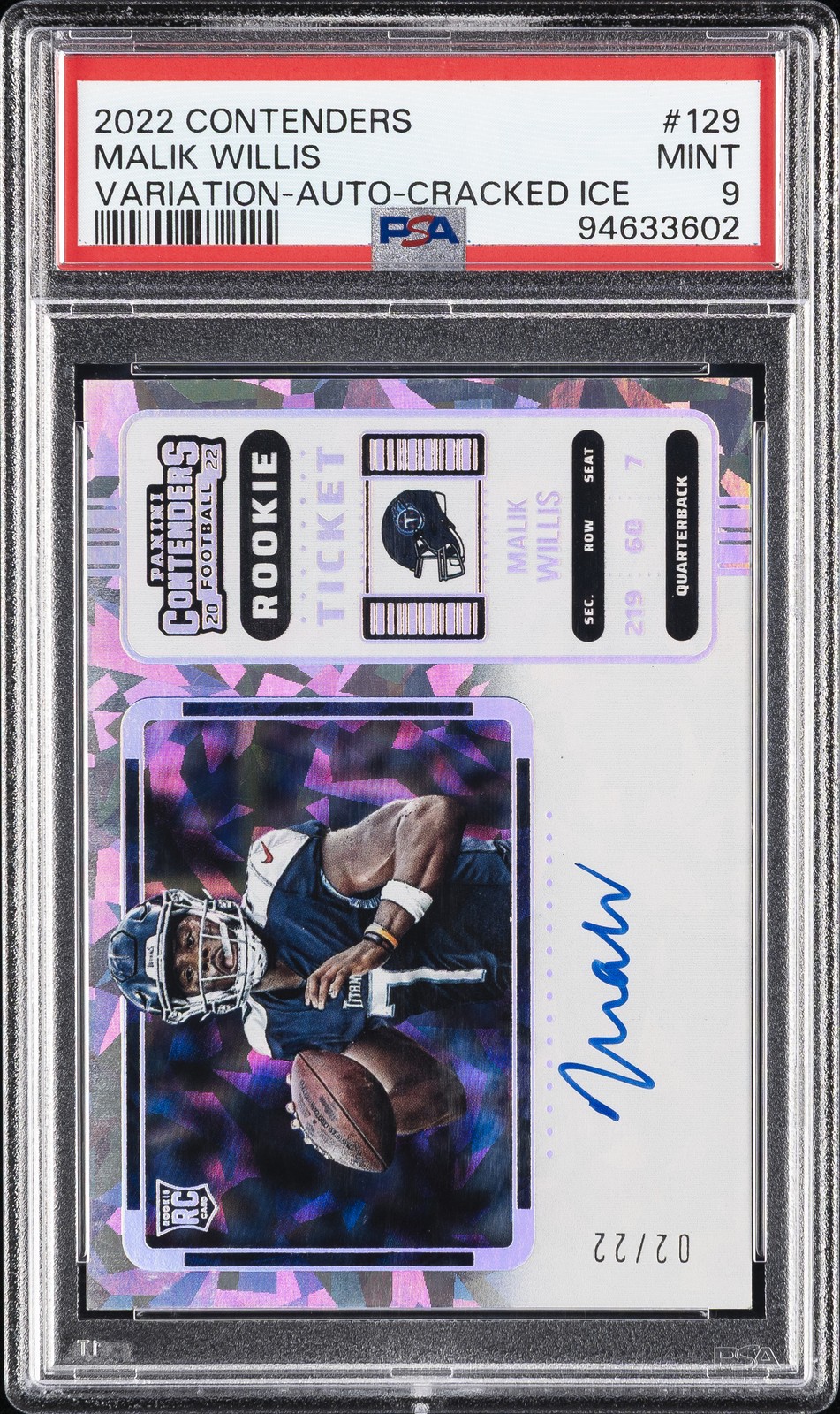 2022 CONTENDERS VARIATION-AUTO-CRACKED ICE #129 MALIK WILLIS 2/22 PSA 9