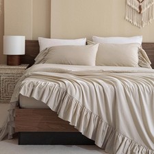 QSH 100 Cotton Queen Sheet Set,Ruffle Bed Sheets Linen Feel Textured Farmhou...