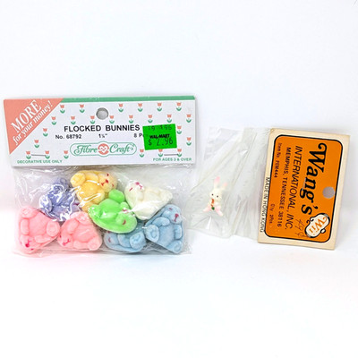 Vtg Fibre Craft Pastel FLOCKED BUNNIES 8 Pk | Sitting Easter Bunny Rabbits | NOS