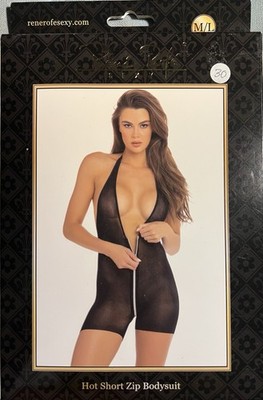 Rene Rofe Hot Short Zip Bodysuit Black, Style 7079-BLK, Size M/L, New 