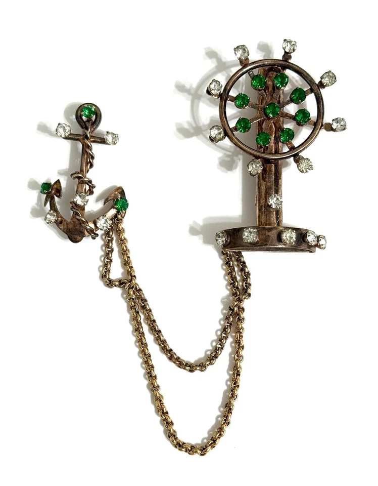 RARE LARGE STERLING SILVER REJA RHINESTONE NAUTICA CHATELAINE BROOCH PIN - Image 4 of 4