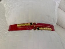 Vtg-Judith Lieber Red Snakeskin Belt - GoldTone Buckle with semi-precious stones