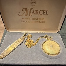 Marcel Quartz Full Hunter Pocket Watch Yellow Gold Tone, White Dial, Chain, Box