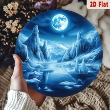 1pc 2D 2D Flat Retro Arctic Landscape Metal Wall Art- Round Aluminum Sign W/Iceb