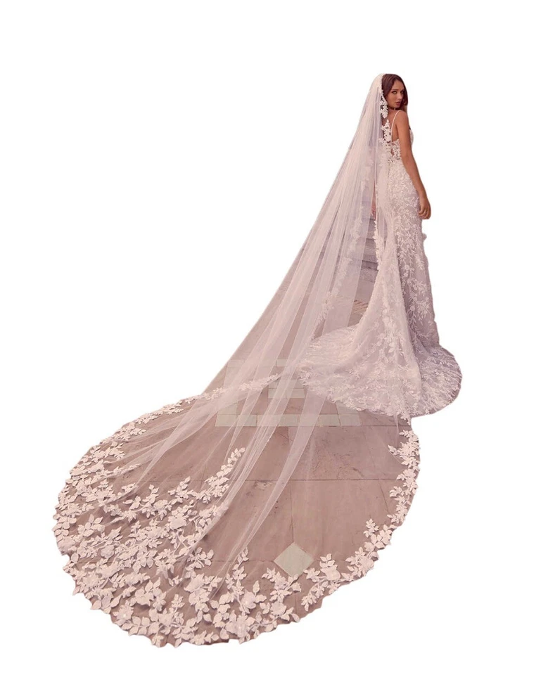 婚礼新娘面纱 1 层大教堂长度花边波浪边带梳子贴花 — 第 4/4 张图片