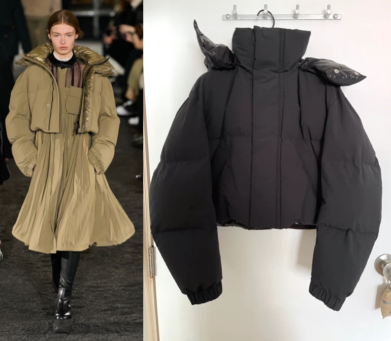 GIACCA IMBOTTITA IN TAFFETÀ RITAGLIATA NUOVA CON ETICHETTE SACAI FALL 2023 DSM NERO OPACO