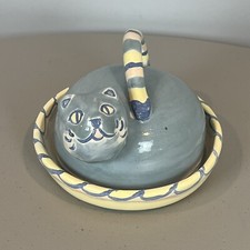 Pottery Cat Cheese Butter Dish Folk Art Blue Yellow Unidentified Maker