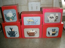 Lot of 6 Antique Ceramic Hand painted Miniature Teapots in Boxes SU72 