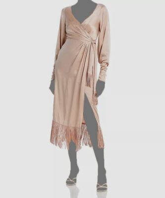$596 Cinq à Sept Women's Pink Silk Fringe Self-Tie Page Faux Wrap Dress Size 4