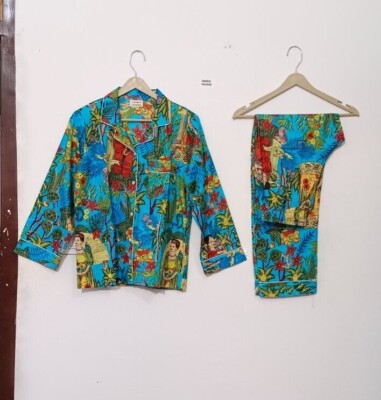 Frida Kahlo Print Cotton Women Night wear Boho Top-Pajama set Sleepwear Dress