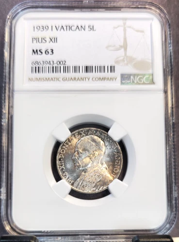1939 VATICAN SILVER 5 LIRE POPE PIUS XII NGC MS 63 BEAUTIFUL COIN