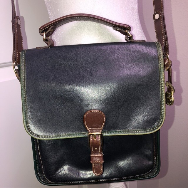 Vintage 70s Brahmin Leather Shoulder Handbag Navy Brown Satchel Buckle