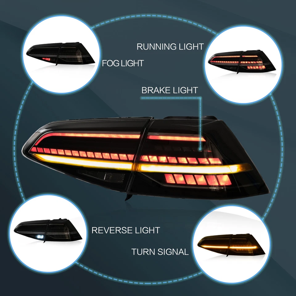 VLAND SMOKED LED TailLights For VW Golf 7/7.5 2014-2020 W/Sequential Turn Signal - Image 2 of 4