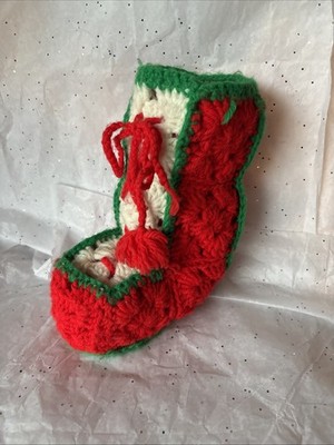VINTAGE Granny Square CROCHET Christmas Stocking Artisan Handmade Red Green