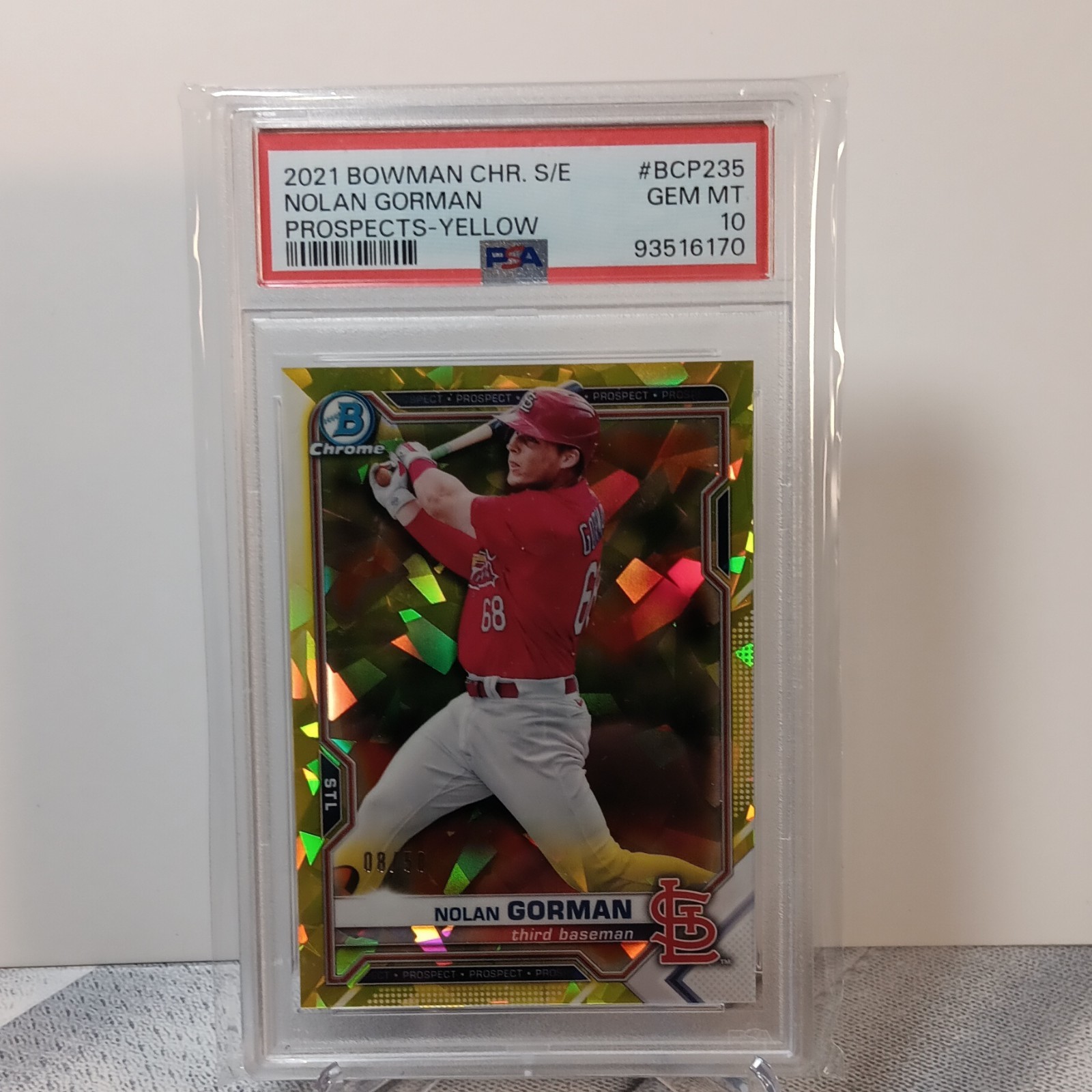 Bowman 2021 Chrome Sapphire Nolan Gorman Prospects Yellow /50 PSA 10 #BCP-235