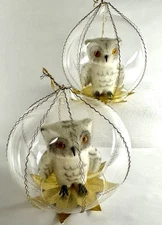Vintage Kunstlerschutz West Germany White Owl Glass Diorama Ornaments Snow Qty 2