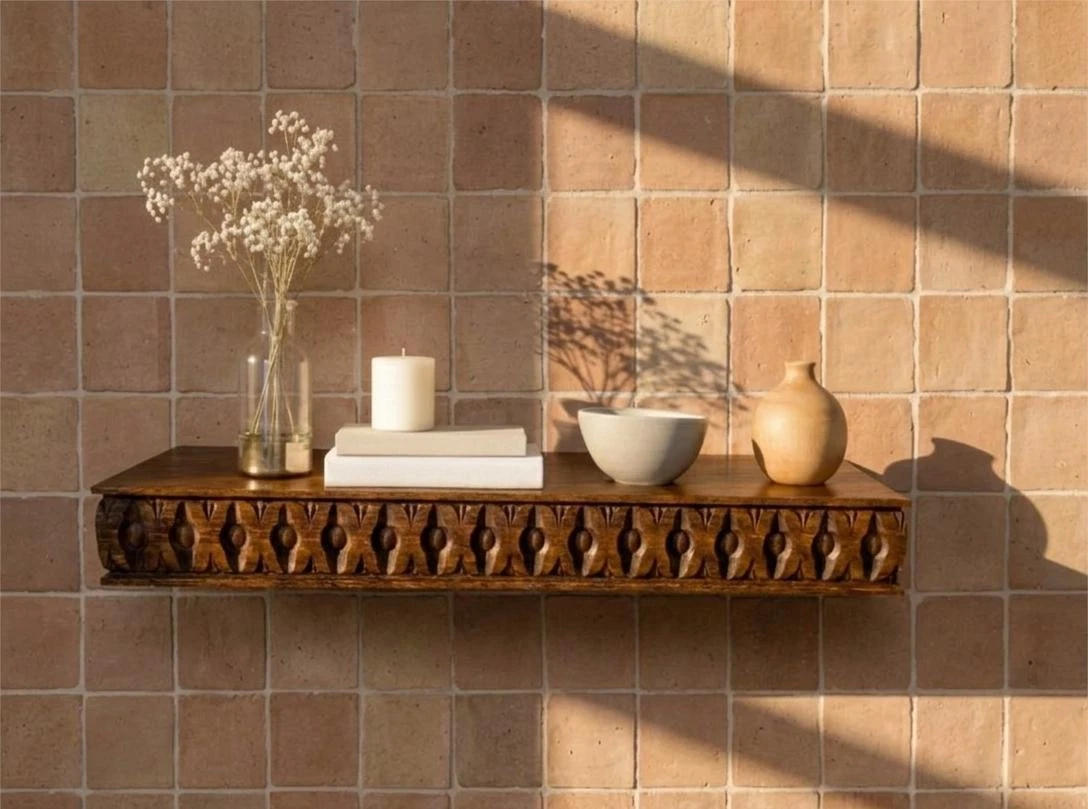 Hand-Carved Fireplace Mantel | Rustic Wooden Floating Shelf