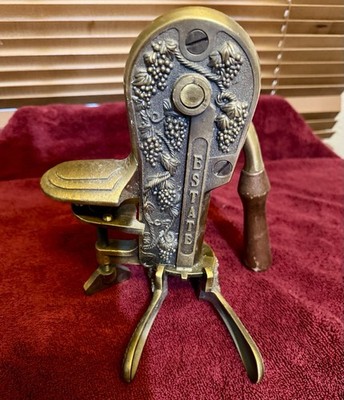 Vtg Rogar Estate Wine Bottle Opener Corkscrew Ornate Brass Table Top Wood Base