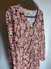Michael Kors Coral Floral Print Ruched Front Long Sleeve V Neck Midi Dress M