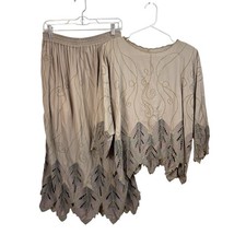 Vintage 80s Size Medium Boho Skirt Top Set Leaf Cutwork Embroidery Cottage Hippi