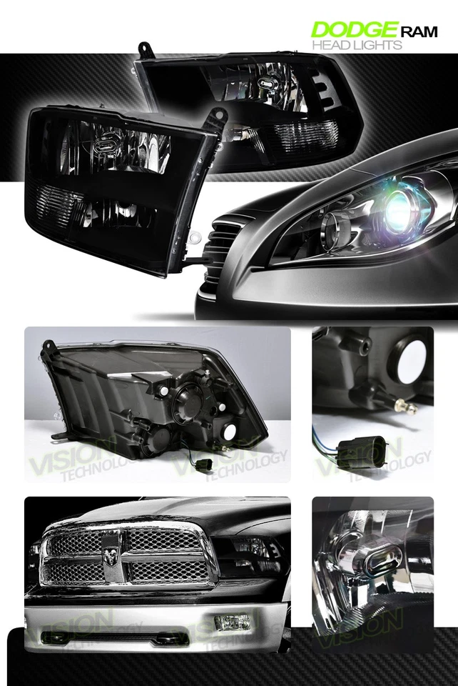 For 09-18 Dodge Ram 1500/2500/3500 Quad Black Headlights Parking Signal Lamps NB - Image 3 of 3