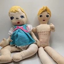 Two Vtg homemade cloth Rag Dolls with Yellow Yarn hair Embroidered face clothing