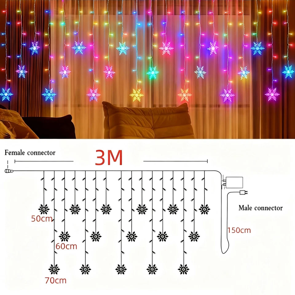 LED Snowflake Fairy String Lights Curtain Window Christmas Party Wedding Decor - Image 3 of 4