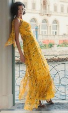 MAC DUGGAL Yellow Floral One Shoulder Bow Maxi Dress Size 0 Wedding Guest