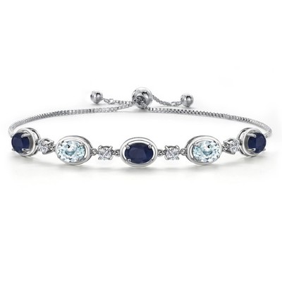 925 Sterling Silver Sapphire and Aquamarine and Lab Grown Diamond Bracelet For