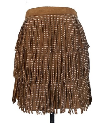 Francesca s Mi Ami Studded Tassel  Mini Skirt  Camel Brown XS