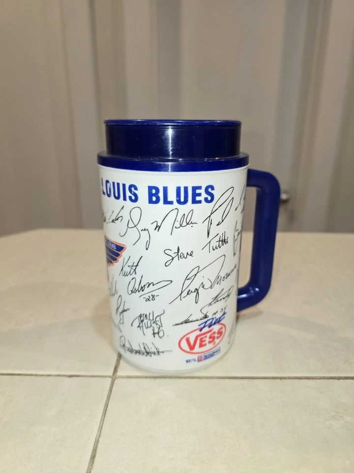 Taza térmica St. Louis Blues 1989-1990 impresión autógrafa café viaje 22 oz. Taza Foto 3 de 4