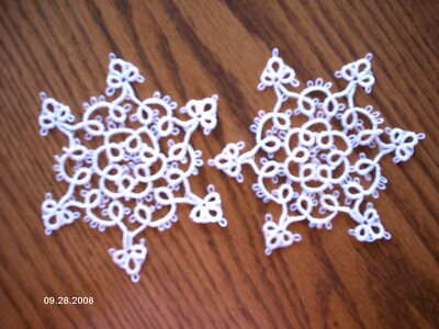 Tatted Christmas Snowflake Ornaments, Two, Lace, Tatting, Stocking Stuffers